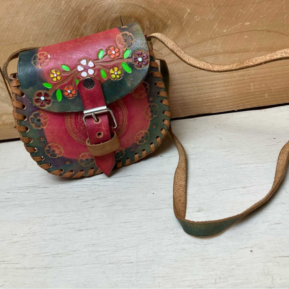 Kids Child Hand Tooled Floral Leather Crossbody Bag